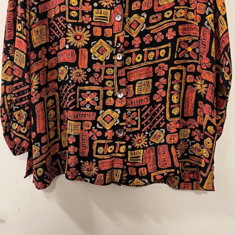 Chicos Design Orange Black 100% Rayon Fiesta Button Front Long Sleeve Top Size 3 - Picture 4 of 11